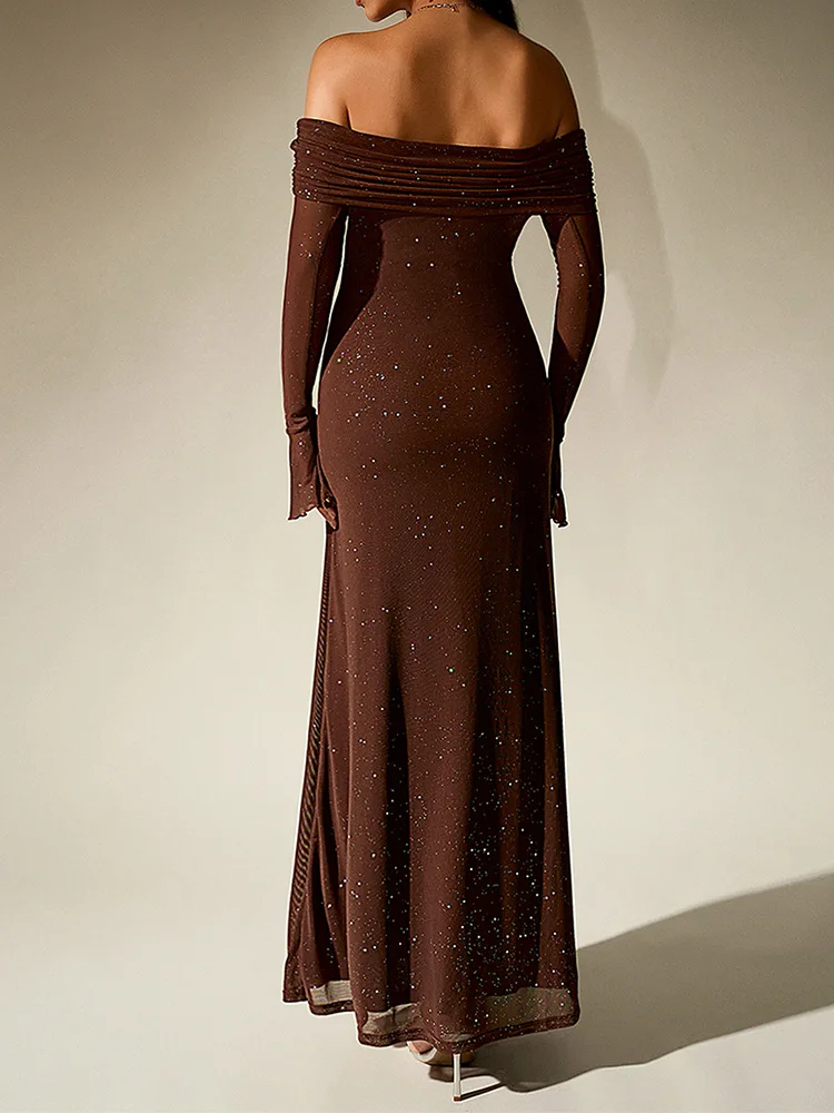 Aurevielle Off Shoulder Glitter Mesh Maxi Dress – Long Sleeve Bodycon Evening, Party & Wedding Guest Gown - Image 11