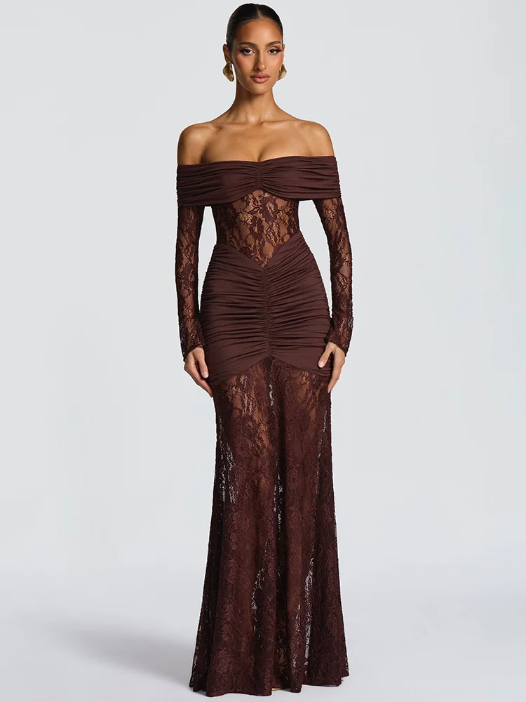 Fiolana Off-Shoulder Lace Maxi Dress – Long Sleeve Ruched Occasion Gown for Eveningwear, Party Outfits and Wedding Guest Looks - Image 11