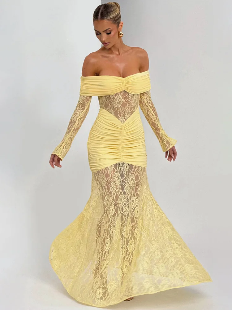 Fiolana Off-Shoulder Lace Maxi Dress – Long Sleeve Ruched Occasion Gown for Eveningwear, Party Outfits and Wedding Guest Looks - Image 3