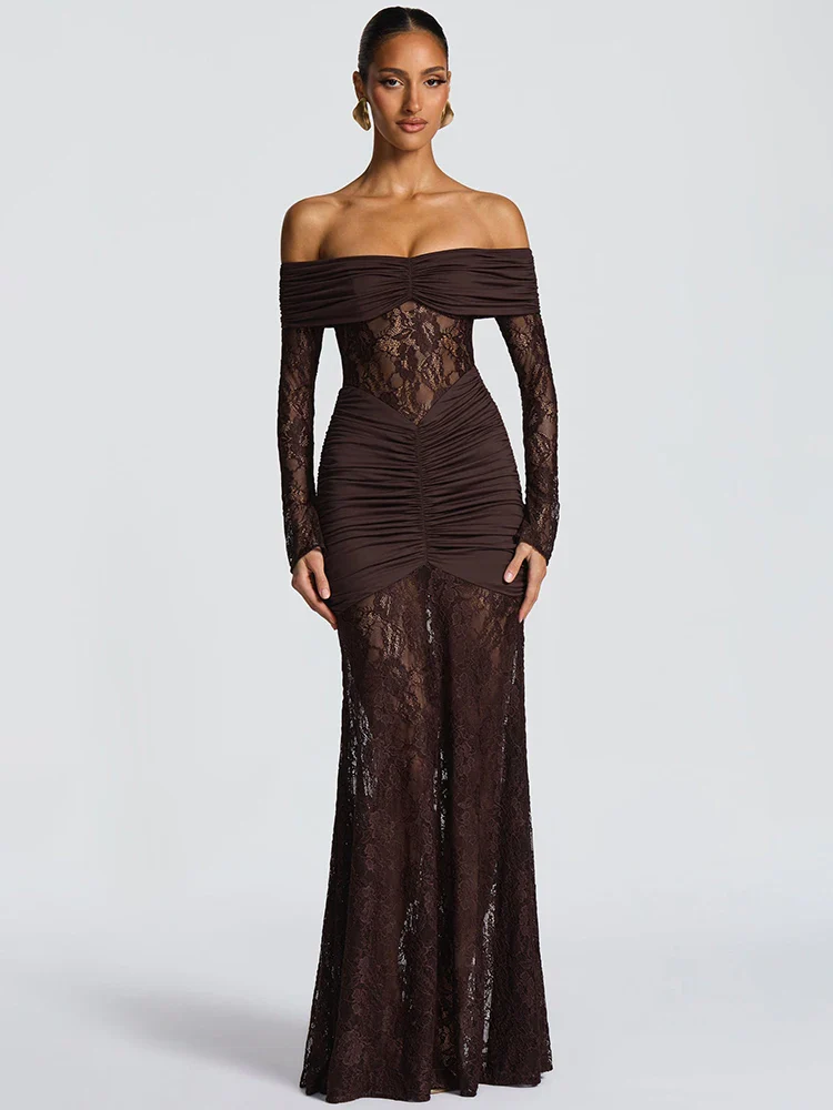 Fiolana Off-Shoulder Lace Maxi Dress – Long Sleeve Ruched Occasion Gown for Eveningwear, Party Outfits and Wedding Guest Looks - Image 4