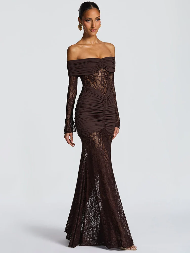 Fiolana Off-Shoulder Lace Maxi Dress – Long Sleeve Ruched Occasion Gown for Eveningwear, Party Outfits and Wedding Guest Looks - Image 5