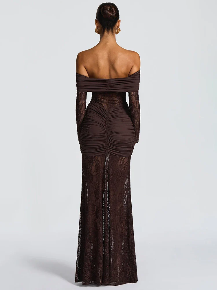 Fiolana Off-Shoulder Lace Maxi Dress – Long Sleeve Ruched Occasion Gown for Eveningwear, Party Outfits and Wedding Guest Looks - Image 6