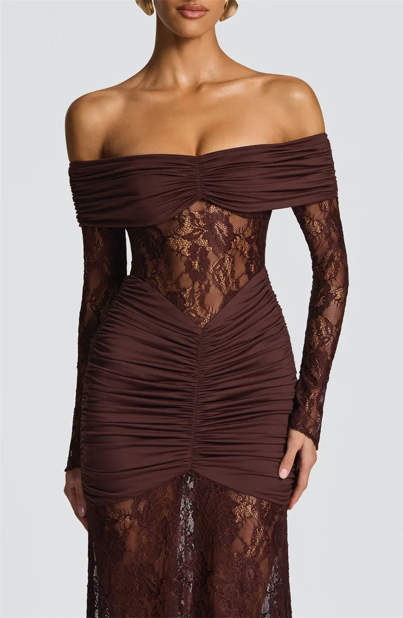 Fiolana Off-Shoulder Lace Maxi Dress – Long Sleeve Ruched Occasion Gown for Eveningwear, Party Outfits and Wedding Guest Looks - Image 8