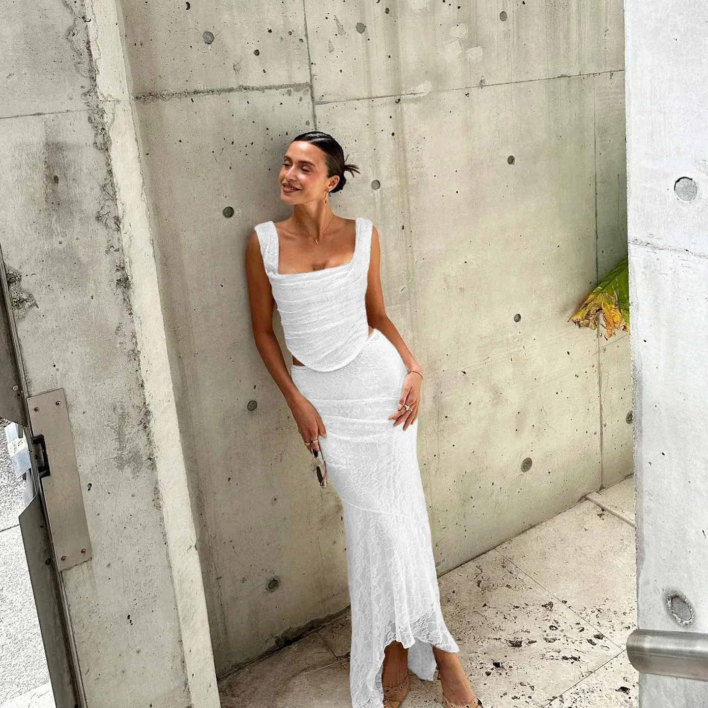 Mirelia Lace Two-Piece Co-Ord – Ivory Ruched Crop Top & Maxi Skirt Set for Party, Eveningwear & Wedding Guests - Image 6
