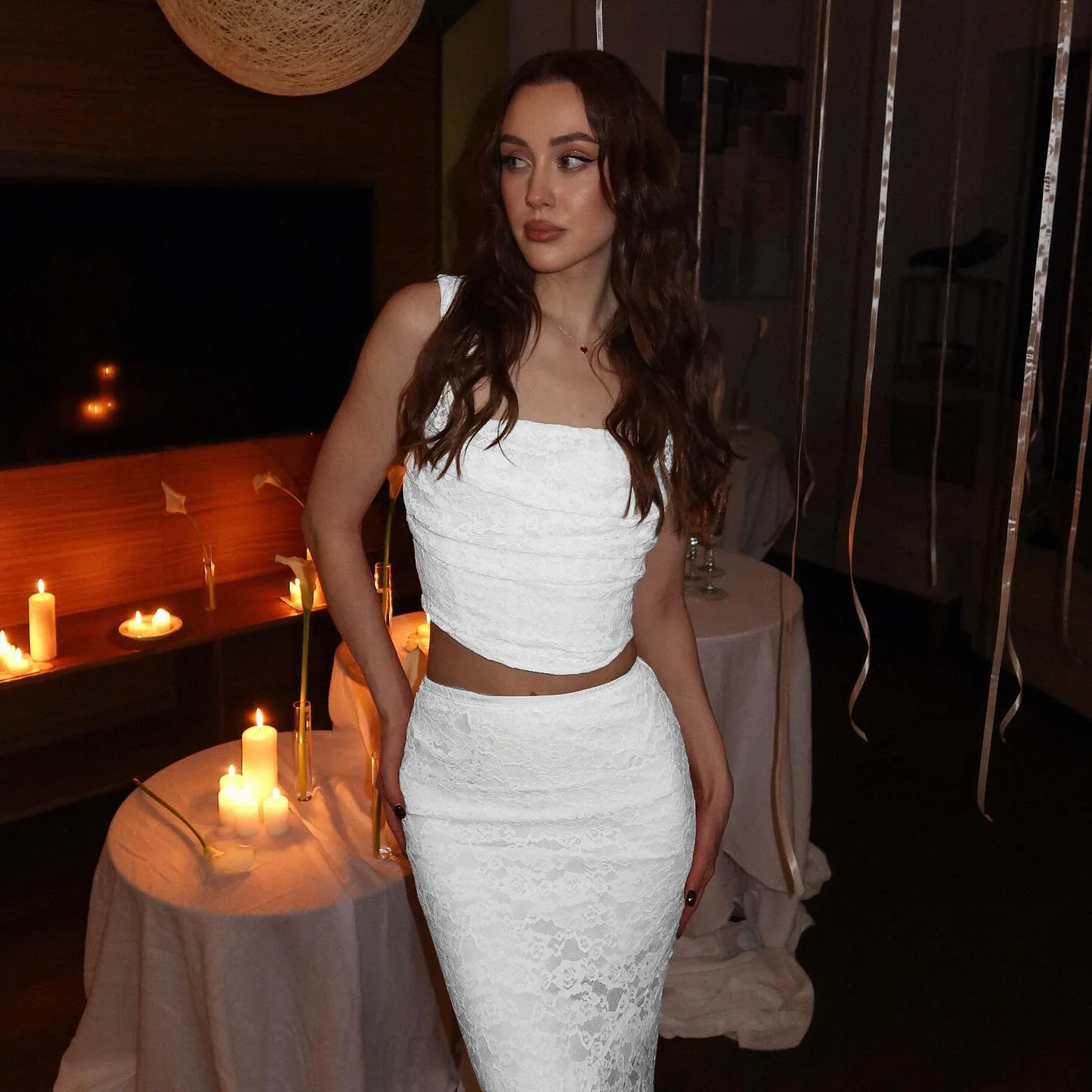 Mirelia Lace Two-Piece Co-Ord – Ivory Ruched Crop Top & Maxi Skirt Set for Party, Eveningwear & Wedding Guests - Image 8