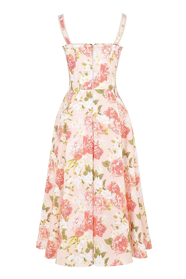Roselisse Rose Print Corset Midi Dress with Wide Straps – Floral A-Line Summer Dress, Wedding Guest & Occasion Dress - Image 6