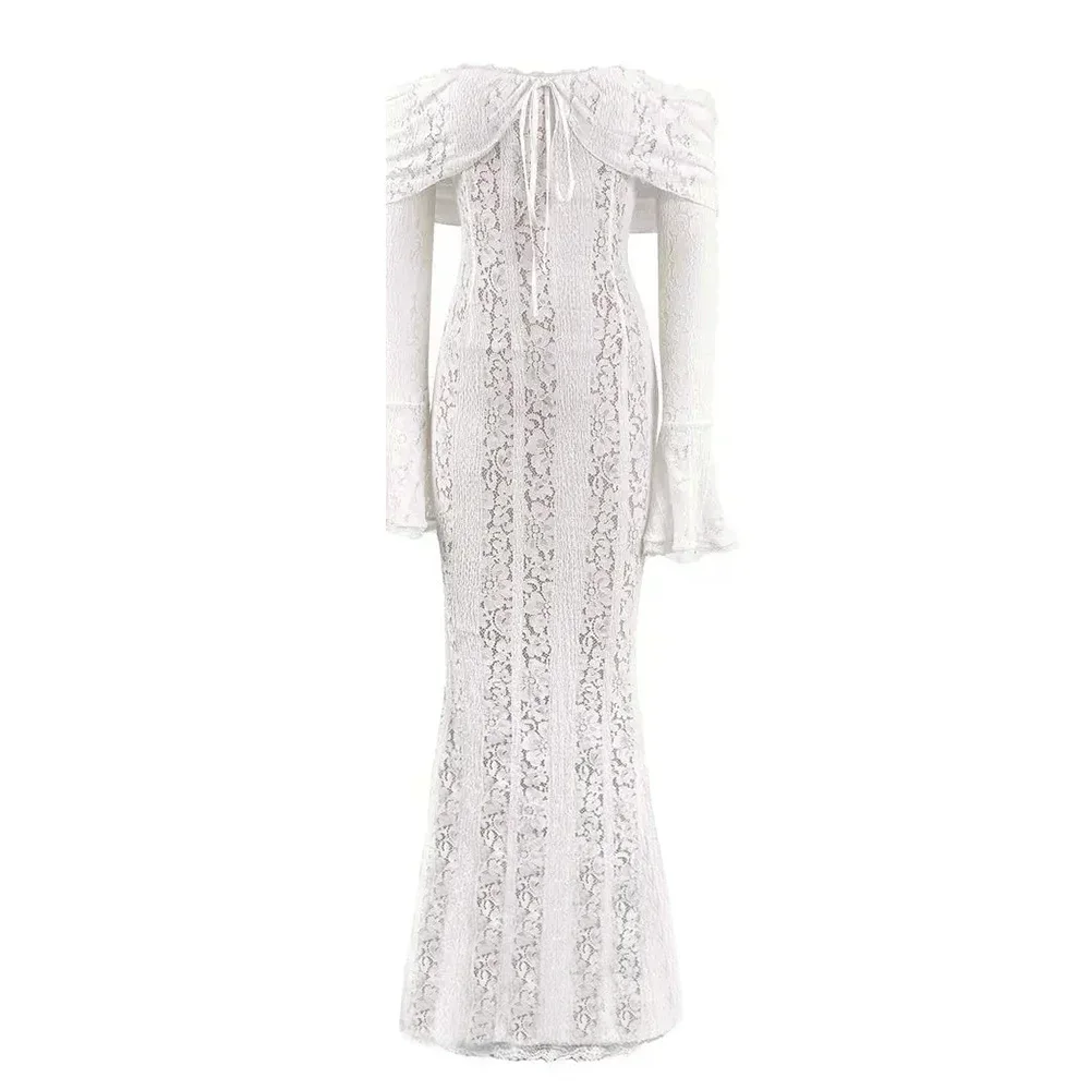 Sarisse Off Shoulder Lace Maxi Dress – Off Shoulder Long Sleeve Bodycon Evening Dress & Wedding Guest Gown - Image 11