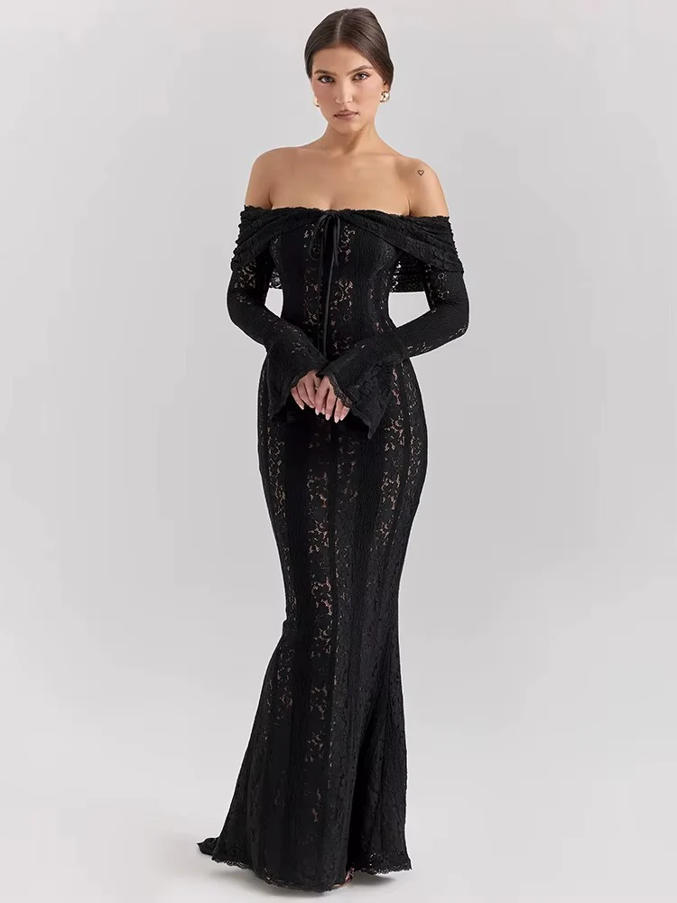 Sarisse Off Shoulder Lace Maxi Dress – Off Shoulder Long Sleeve Bodycon Evening Dress & Wedding Guest Gown - Image 3