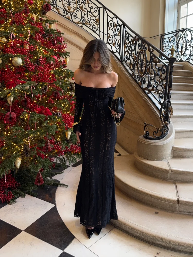 Sarisse Off Shoulder Lace Maxi Dress – Off Shoulder Long Sleeve Bodycon Evening Dress & Wedding Guest Gown - Image 4