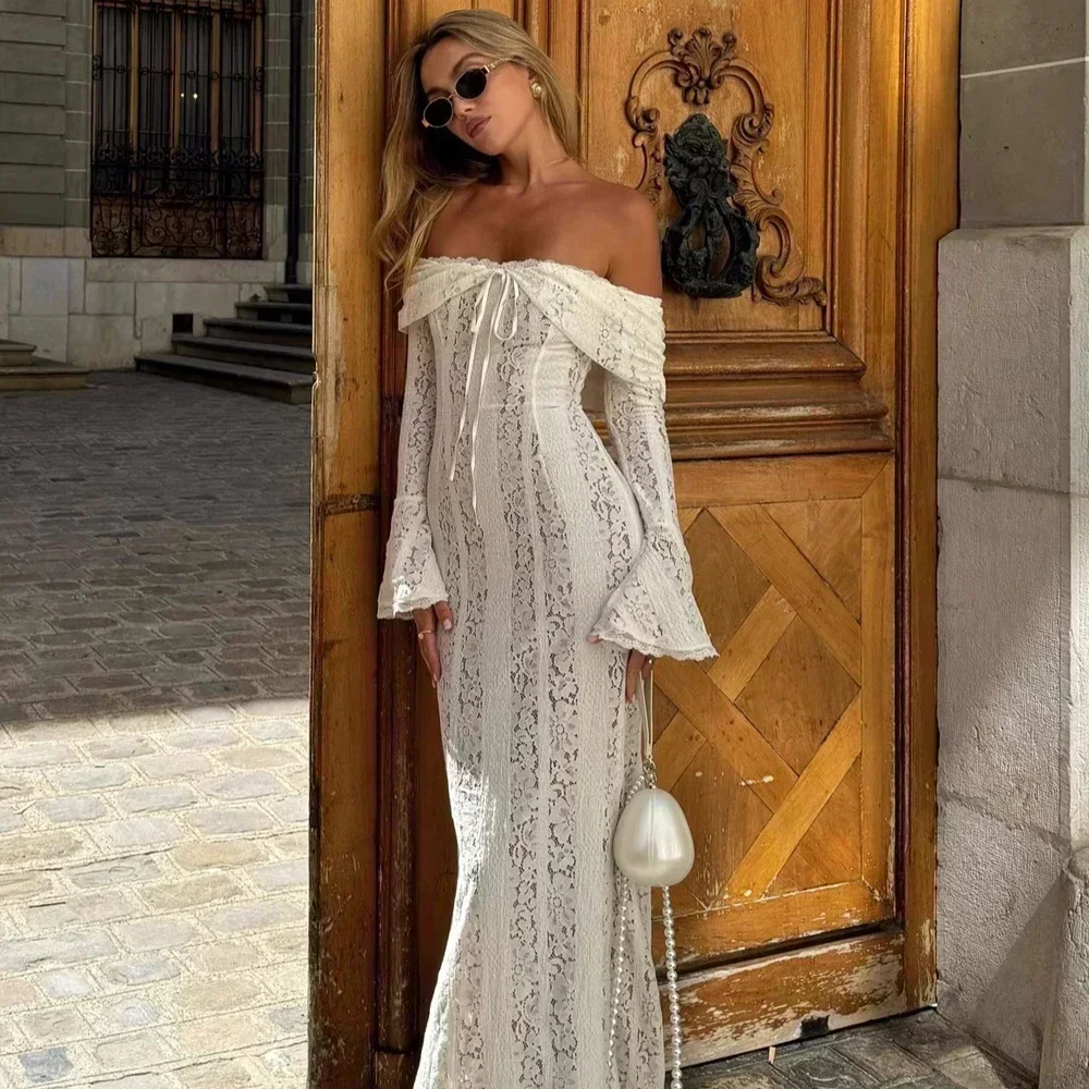 Sarisse Off Shoulder Lace Maxi Dress – Off Shoulder Long Sleeve Bodycon Evening Dress & Wedding Guest Gown - Image 5