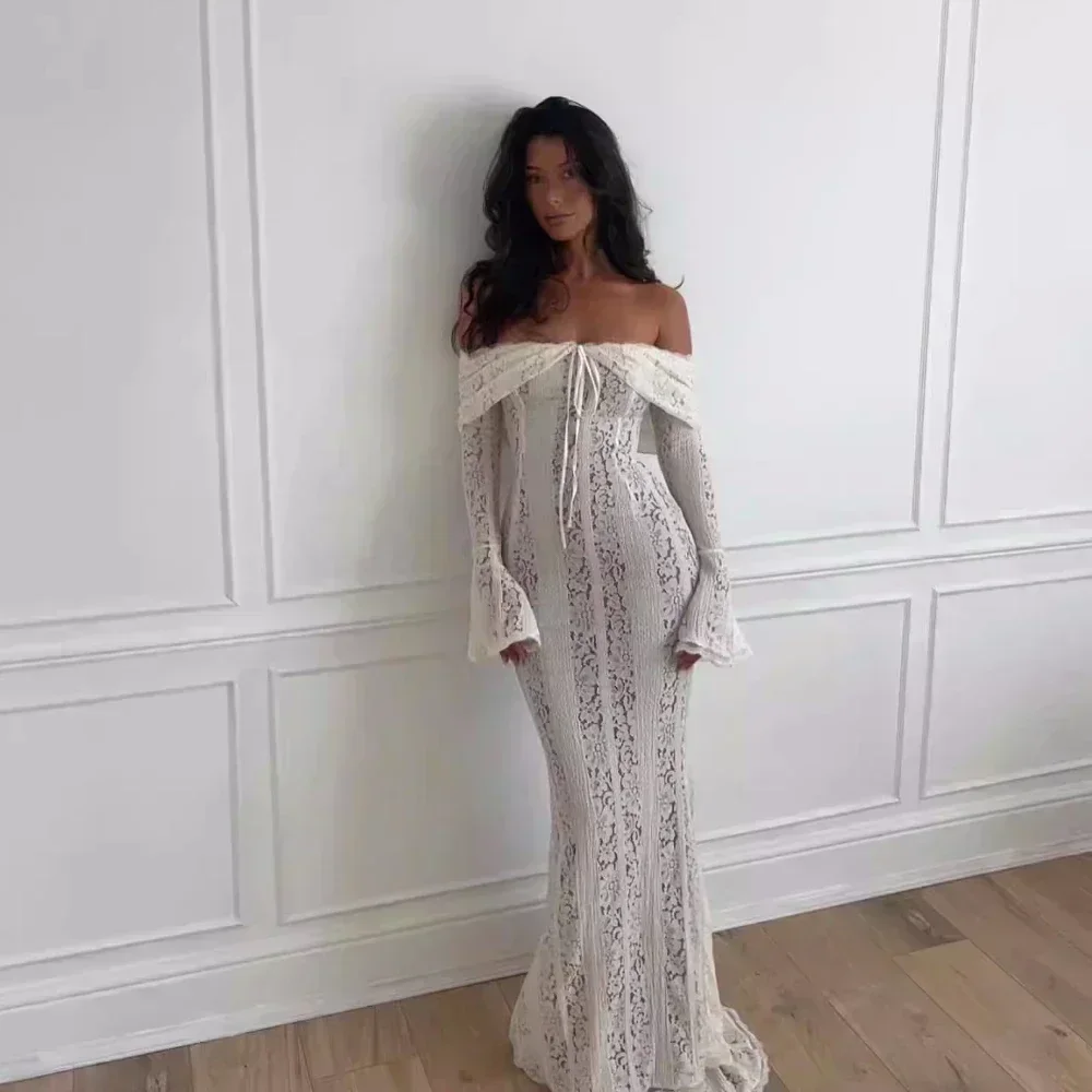 Sarisse Off Shoulder Lace Maxi Dress – Off Shoulder Long Sleeve Bodycon Evening Dress & Wedding Guest Gown - Image 6