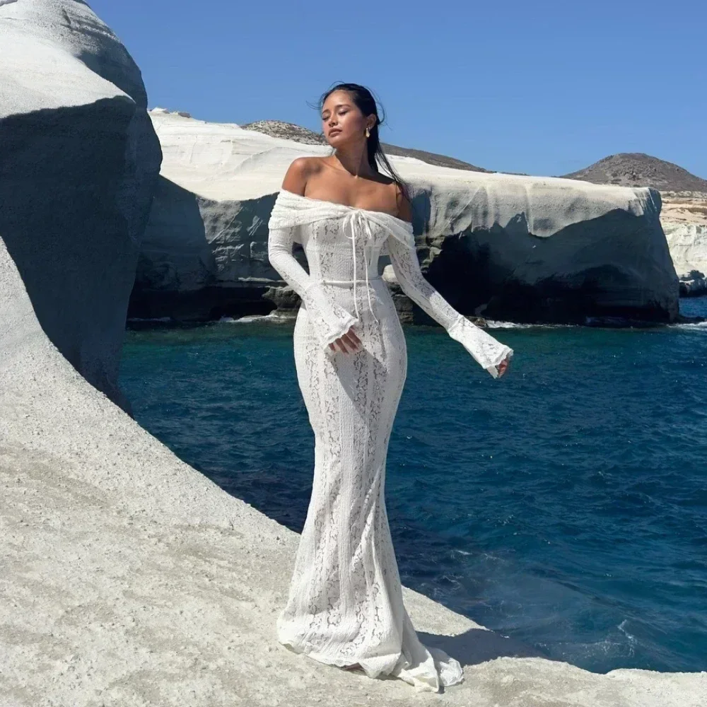 Sarisse Off Shoulder Lace Maxi Dress – Off Shoulder Long Sleeve Bodycon Evening Dress & Wedding Guest Gown - Image 7