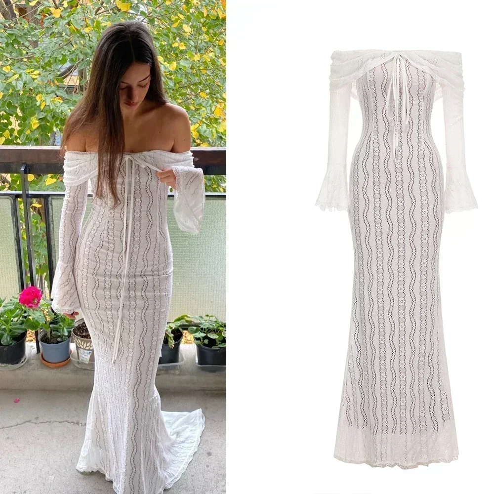 Sarisse Off Shoulder Lace Maxi Dress – Off Shoulder Long Sleeve Bodycon Evening Dress & Wedding Guest Gown - Image 9