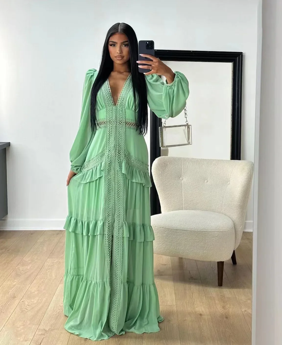 Seralyn Tiered Maxi Dress with Long Sleeves – V-Neck Wedding Guest Dress, Holiday Dress & Occasion Maxi - Image 6